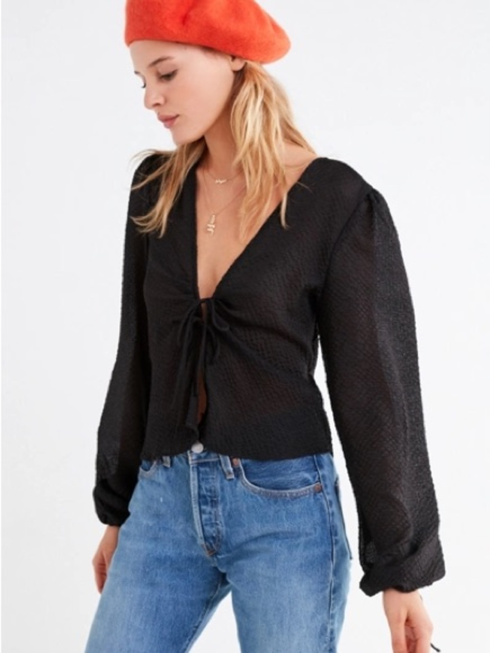 Urban Outfitters | Black Tie-Front Balloon Sleeve Blouse